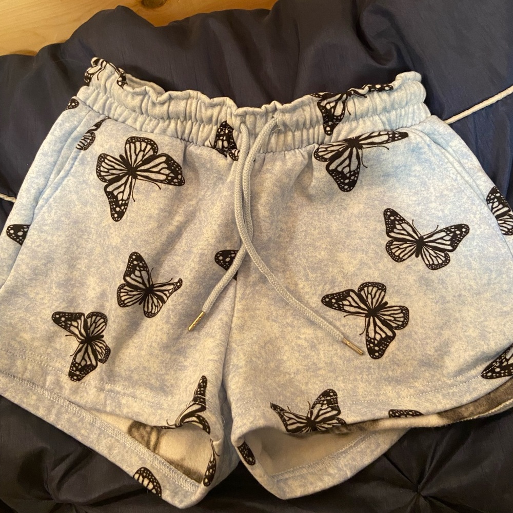Blue Pajama Shorts with Black Butterflies